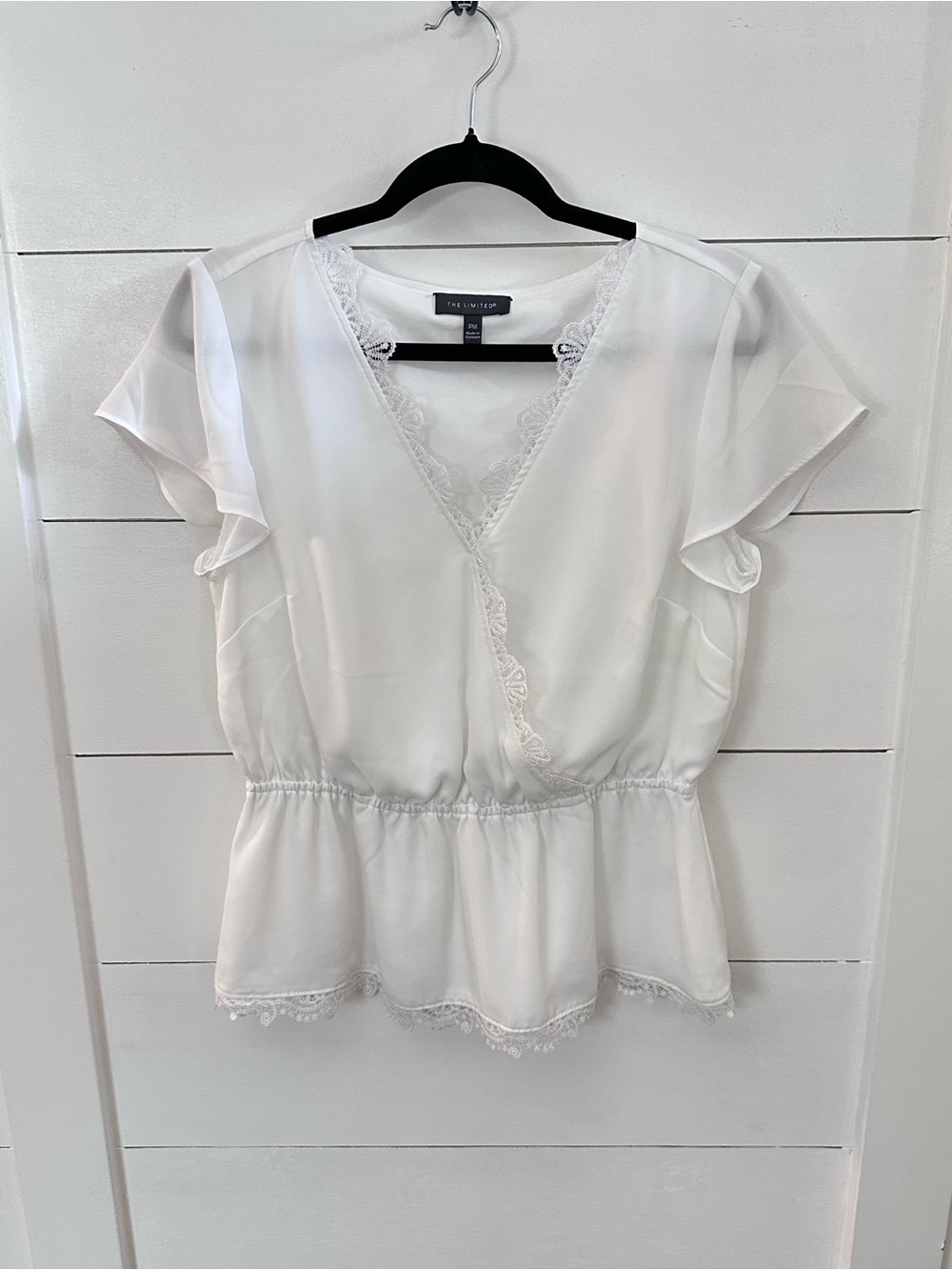 The Limited PM white V neck wrap style lace trim flounce sleeve blouse classic - Picture 2 of 12